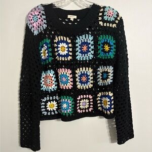 Debut Granny Square Crochet Knit Cropped Pullover Sweater Black Size  Large